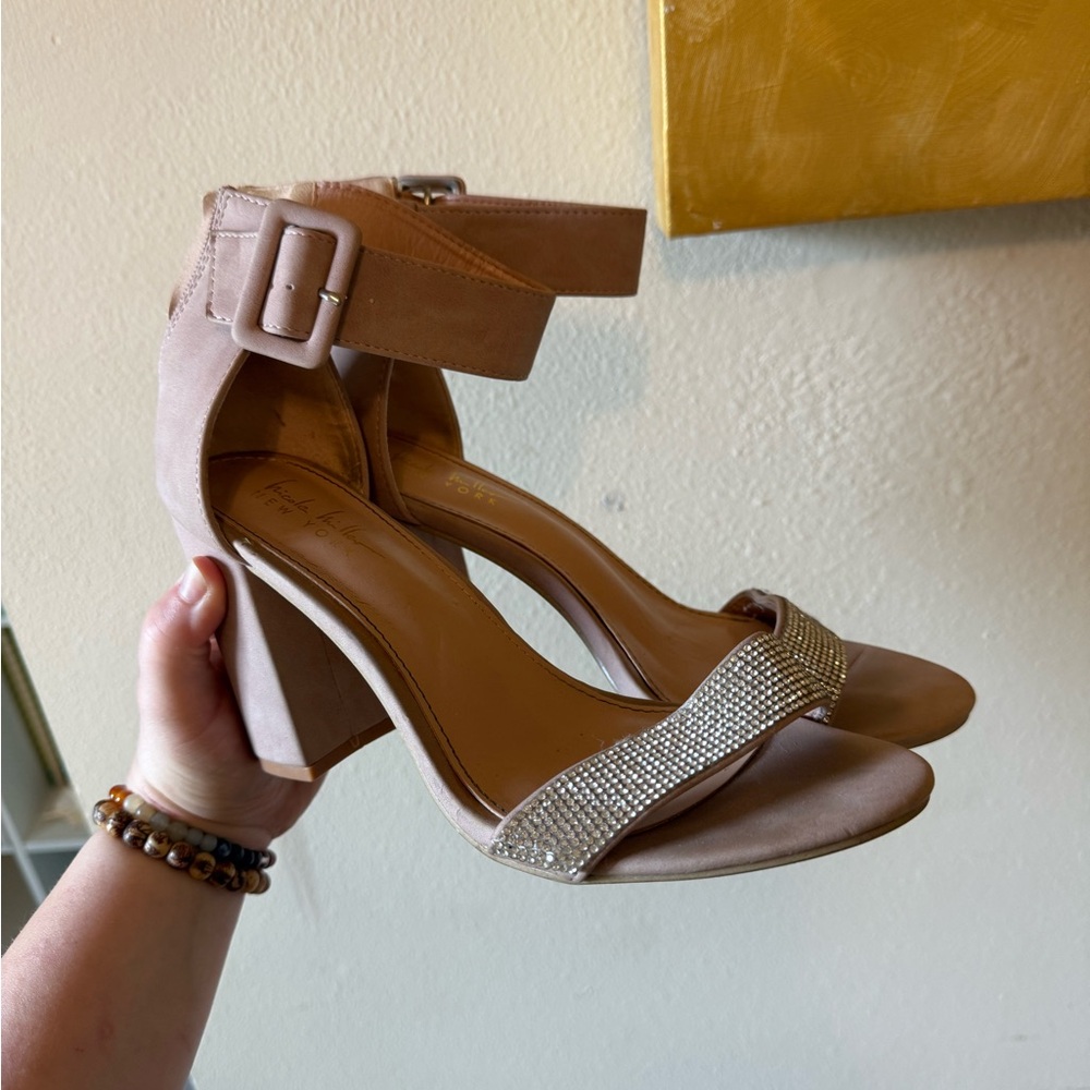 Elegant Tan Heeled Sandals with Rhinestone Detail